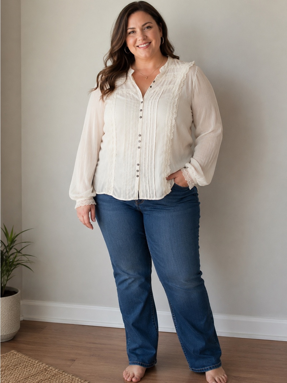 White Stag Cream Lace Button Up Blouse Womens Size 16 Boho Sheer Long Sleeve Top